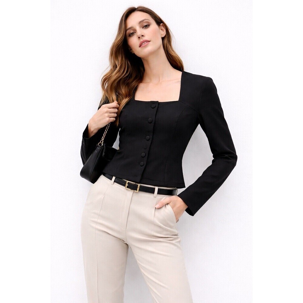 Princess Polly Black Corset Style Seams Button Blazer Top Long Sleeve US size 6